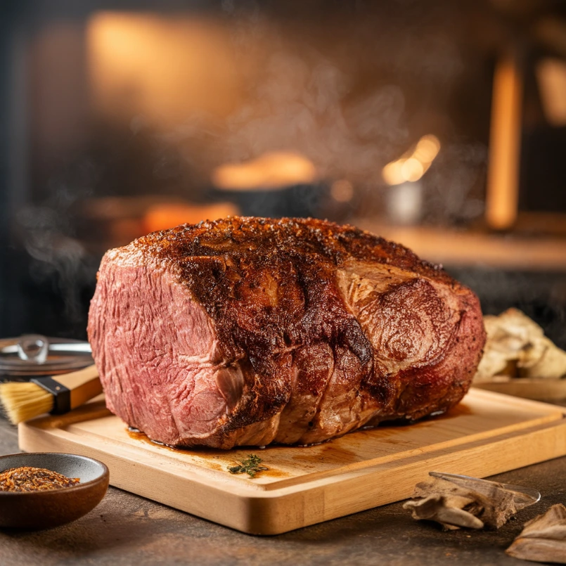 Smoked chuck roast on a wooden cutting board surrounded by seasonings and smoking wood chips.