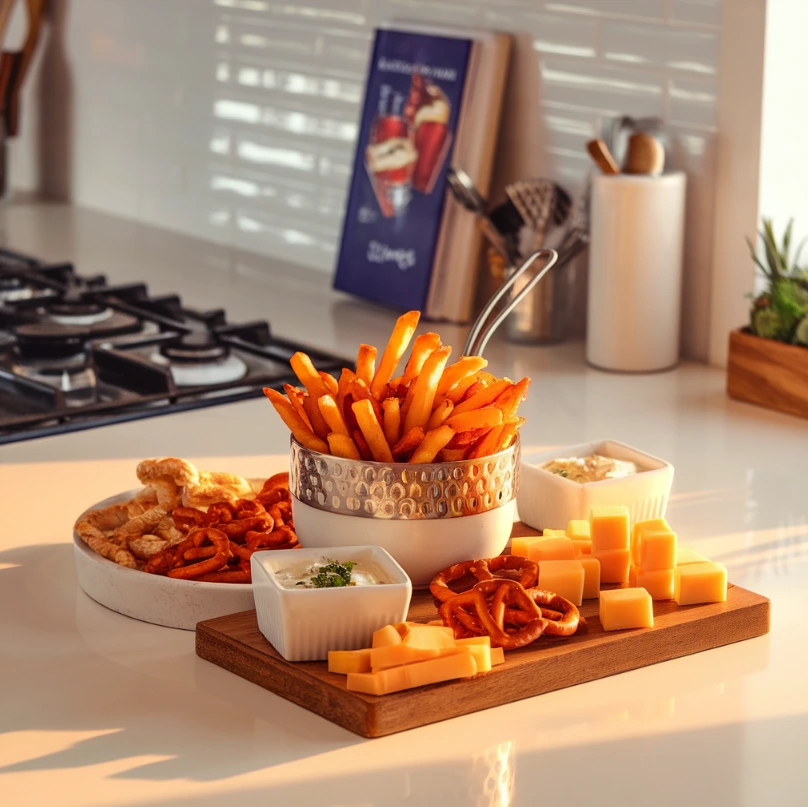 A bowl of hot fries surrounded by snacks like dips, pretzels, and cheese cubes on a kitchen counter.