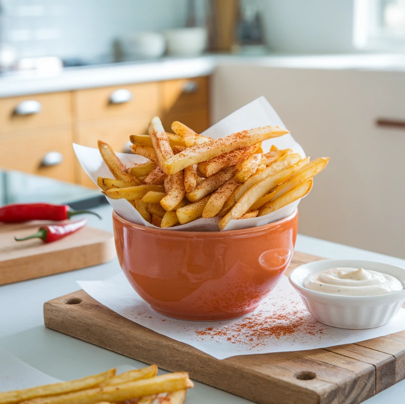 A bowl of crispy hot fries sprinkled with spices on a rustic kitchen countertop.