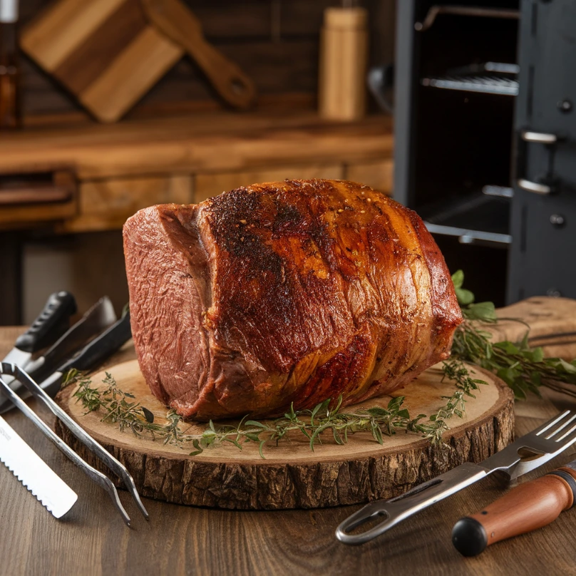 Perfectly smoked chuck roast on a cutting board with BBQ utensils in a rustic kitchen setting