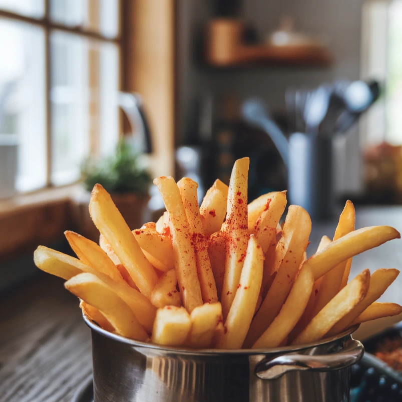 A bowl of hot fries sprinkled with red spices in a cozy kitchen setting.