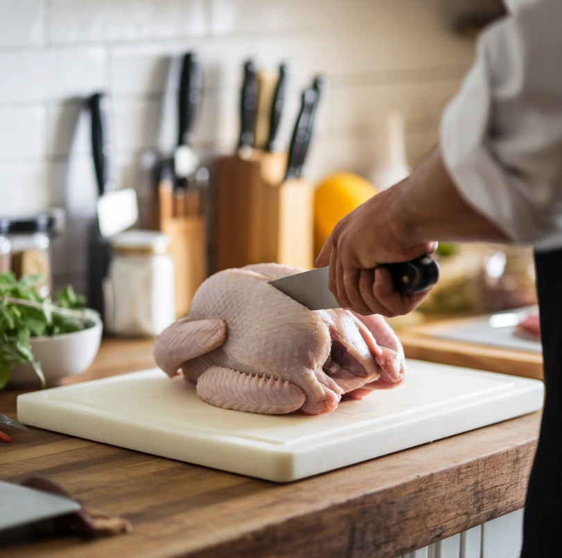 Chicken butt being prepared on a cutting board in a rustic kitchen with utensils and spices.