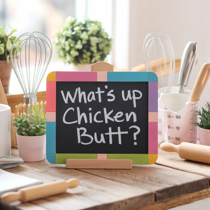 A cheerful kitchen scene featuring a chalkboard with 'What’s Up Chicken Butt?' written on it, surrounded by baking utensils and soft natural lighting.