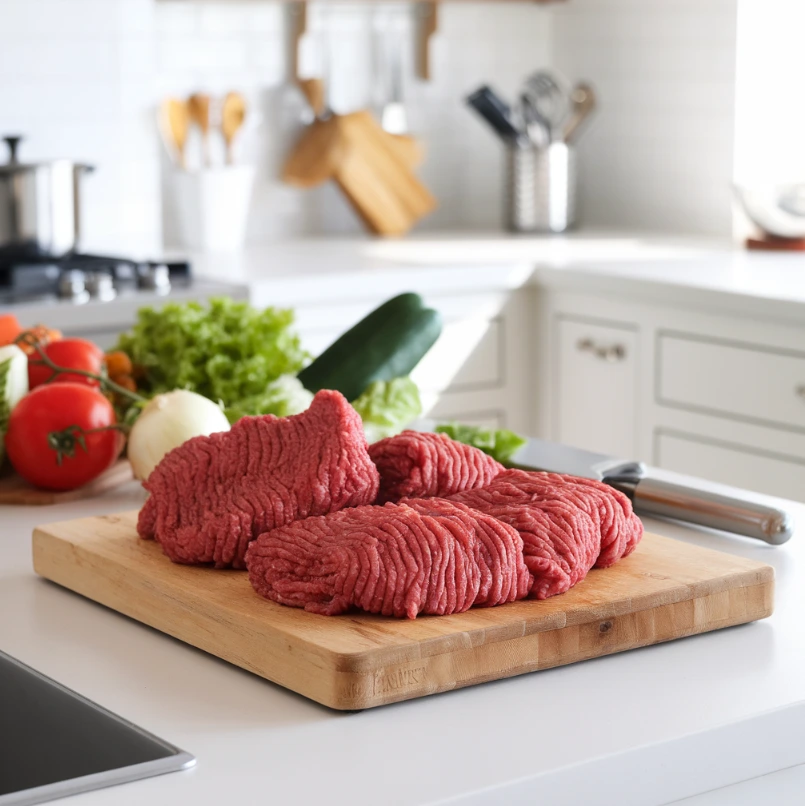 Fresh raw ground beef on a wooden cutting board in a clean modern kitchen with vegetables nearby.