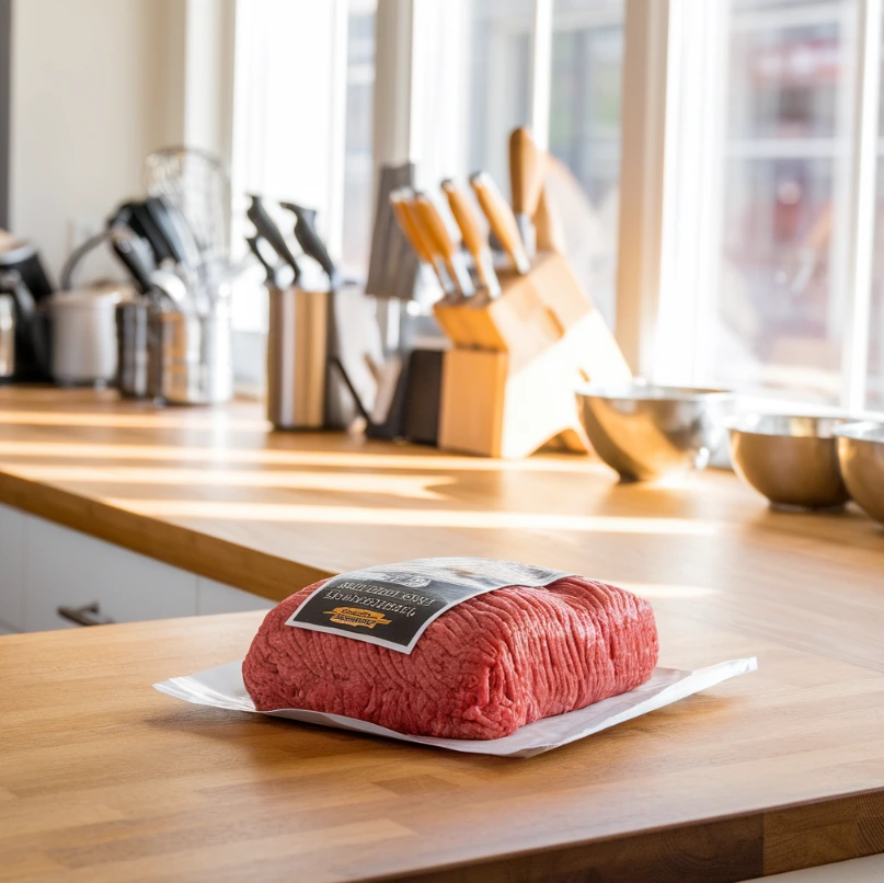 Raw ground beef on a kitchen counter with utensils in a clean kitchen setting