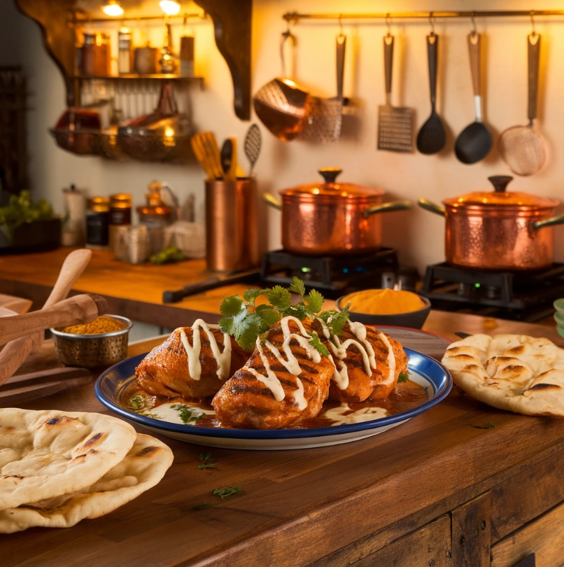 Grilled butter chicken served on a rustic wooden countertop with naan bread and garnishes