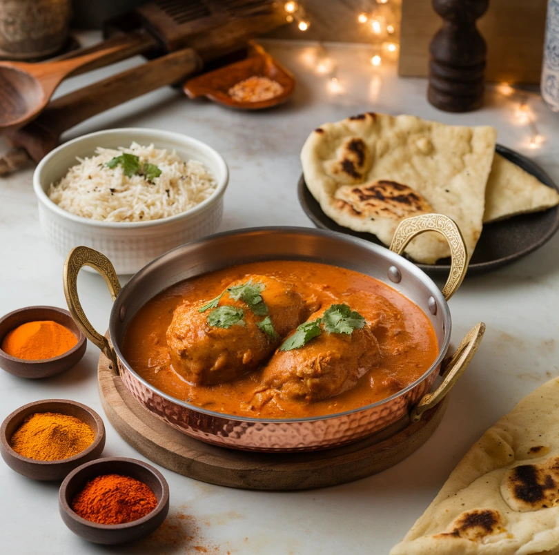 Nut-free butter chicken served in a copper pan with basmati rice and naan.