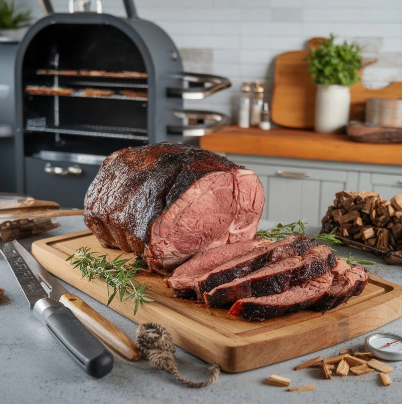 Perfectly smoked chuck roast with a crispy bark and juicy slices on a cutting board.