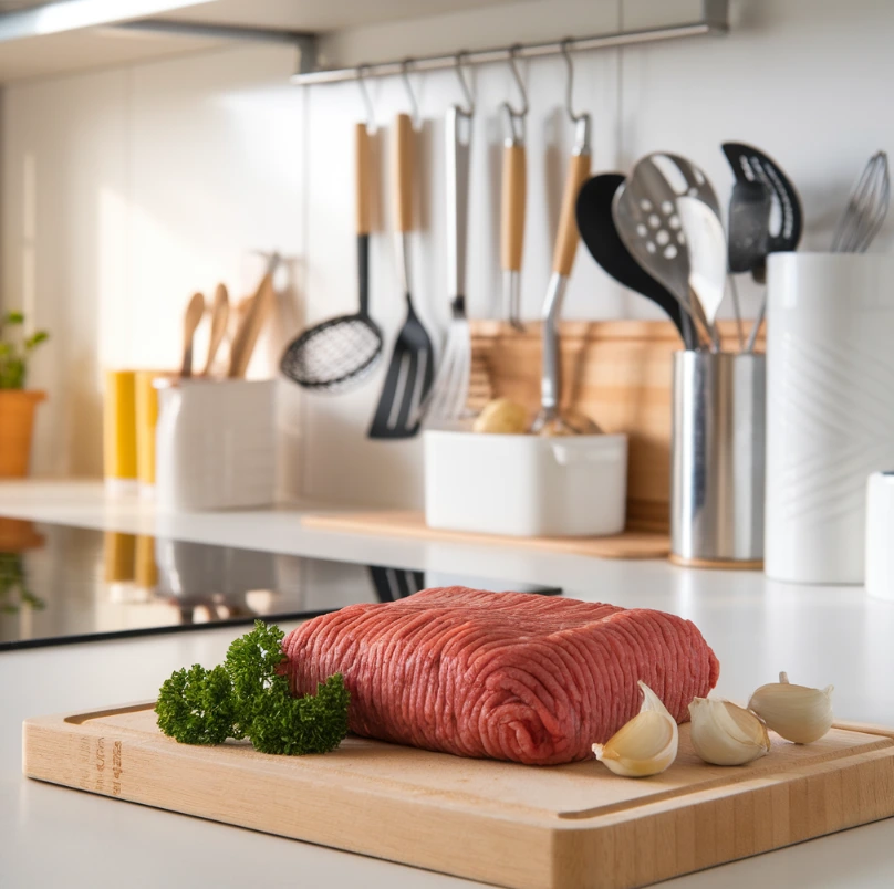 Fresh ground beef on a cutting board in a modern kitchen, surrounded by parsley and garlic.