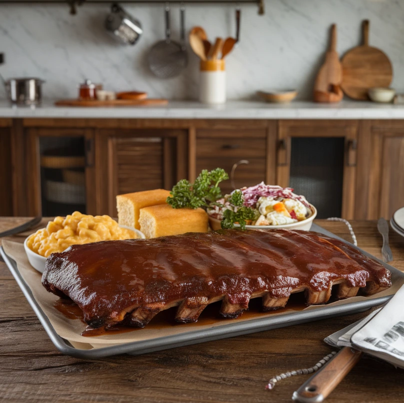 Perfectly cooked beef back ribs with mac and cheese, cornbread, and coleslaw on a rustic table.