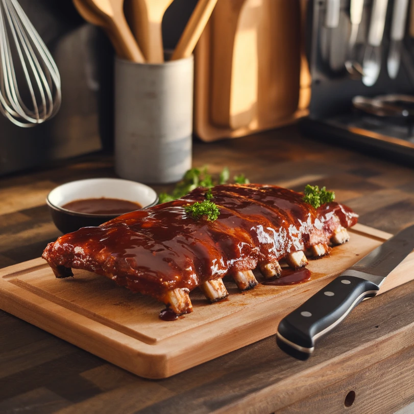 A rack of glazed baby back ribs with barbecue sauce on a rustic kitchen counter