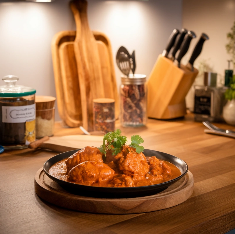 Steaming butter chicken on a wooden countertop in a warm, inviting kitchen.