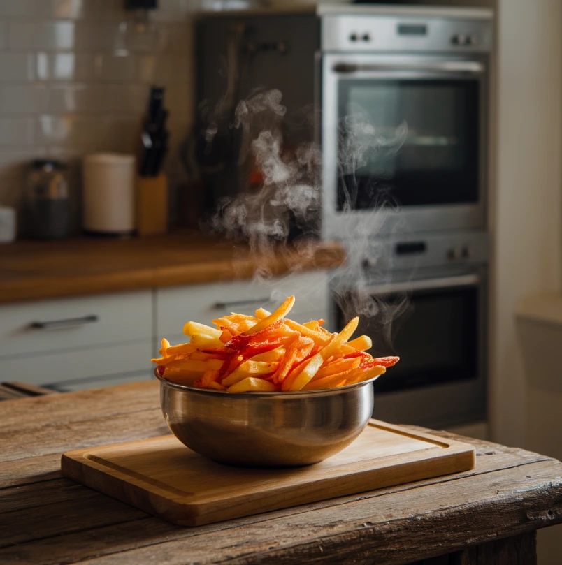 Hot fries in a bowl on a rustic wooden table with a modern kitchen in the background