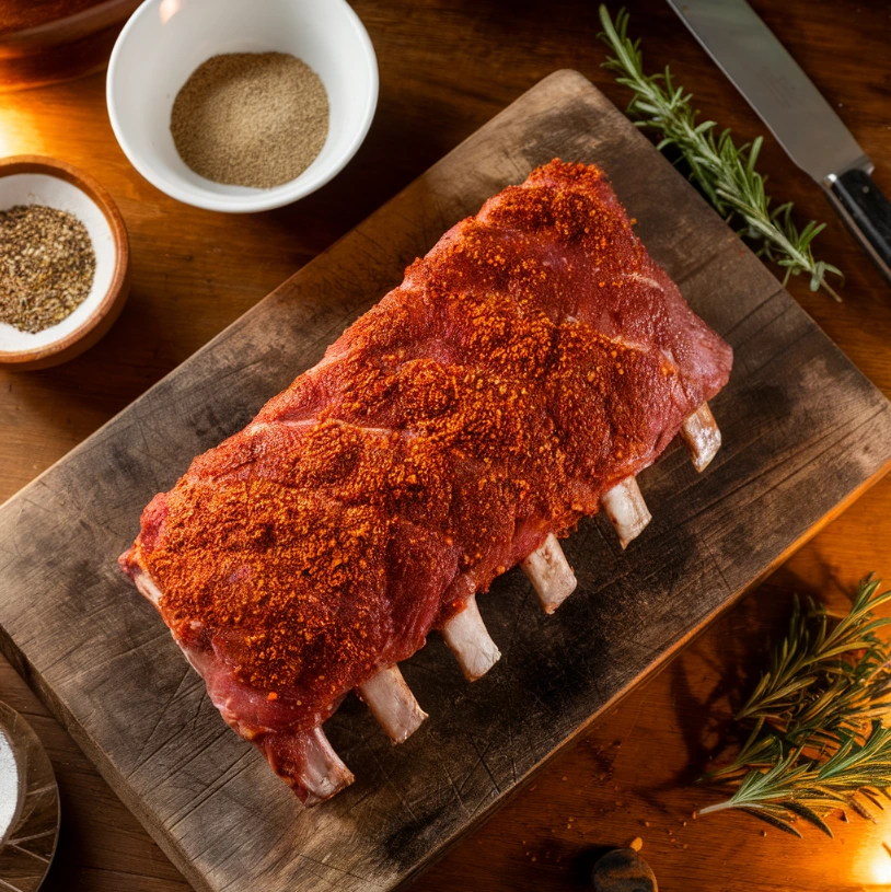 Fresh beef back ribs with visible marbling on a marble countertop