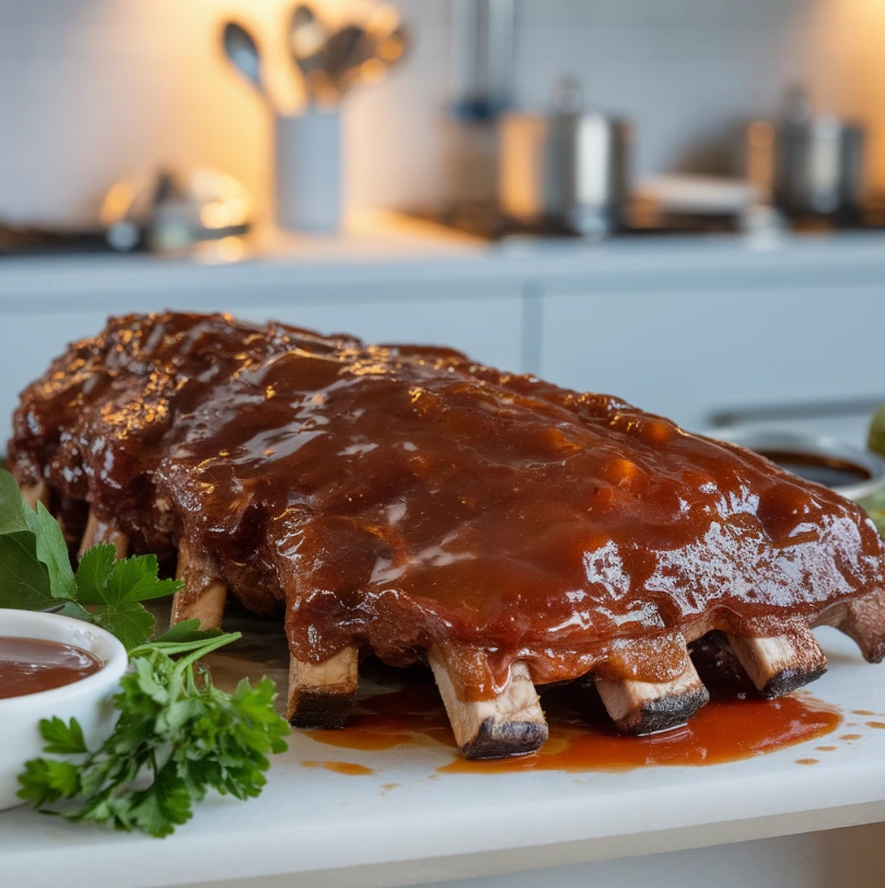 Juicy oven-baked beef back ribs on a plate with barbecue sauce.