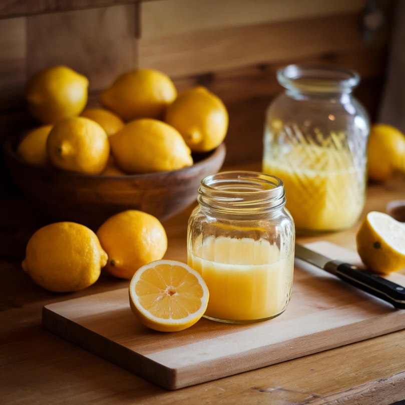 Fresh lemons and lemon juice in a rustic kitchen setting.