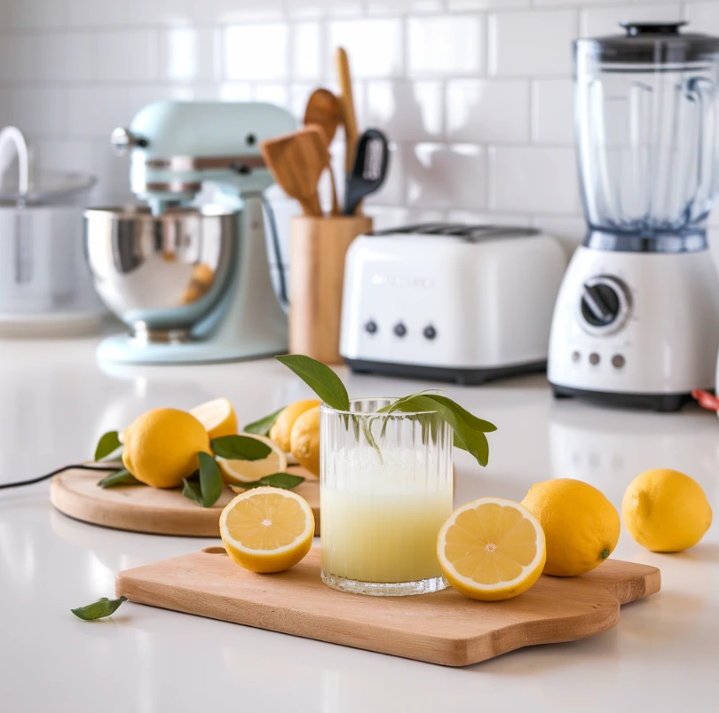 Fresh lemon juice with sliced lemons on a kitchen countertop