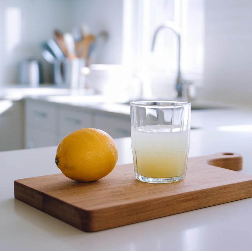 Fresh lemon and lemon juice in a modern kitchen.