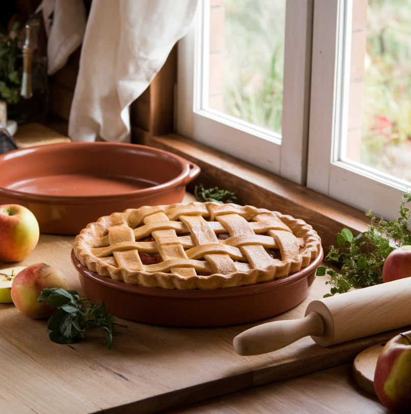 Terracotta pie in a rustic kitchen with natural light and wooden decor