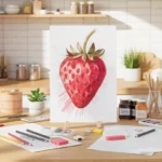 Strawberry drawing tools on a wooden kitchen table in a sunny kitchen