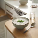 A steaming bowl of rice porridge garnished with parsley, set on a wooden countertop in a modern kitchen.