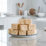 Freshly made Rice Krispies Treats arranged on a plate in a clean, modern kitchen.