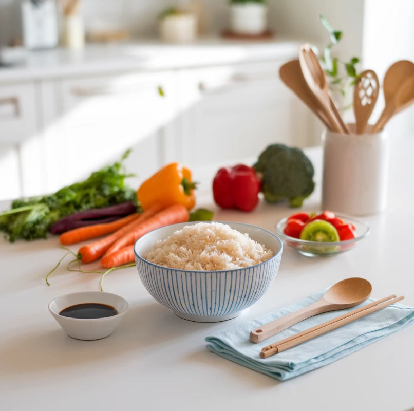 A bowl of perfectly cooked rice on a kitchen counter with vegetables and soy sauce.