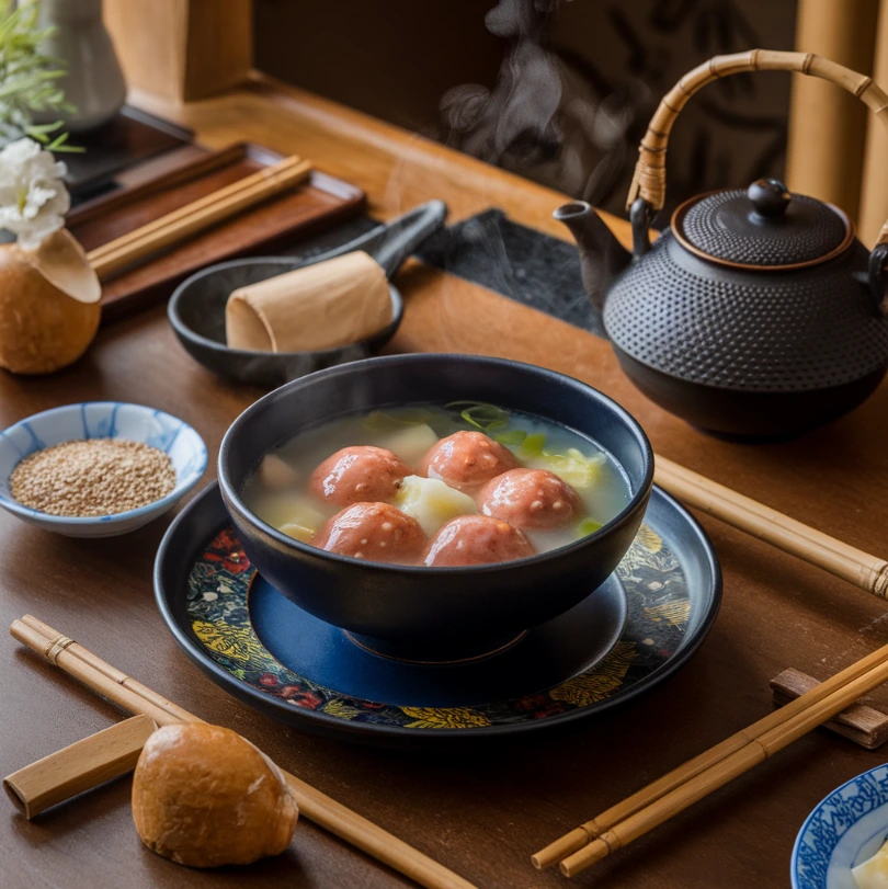 Warm red bean rice balls in a ginger soup with bamboo utensils on a wooden table.