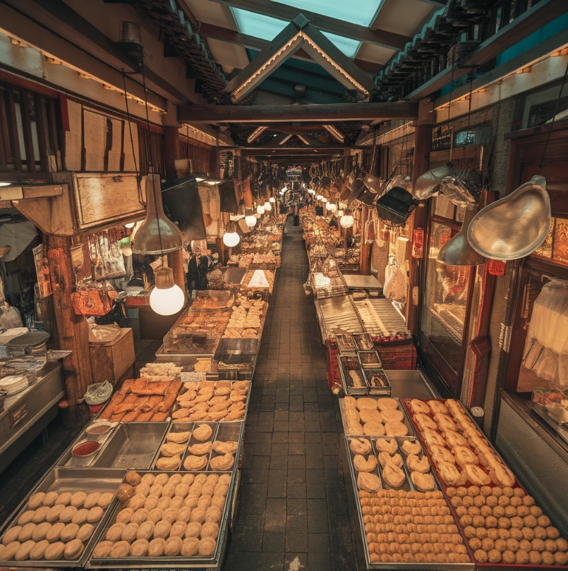 Traditional Chinese market with wheat-based foods and kitchen utensils.