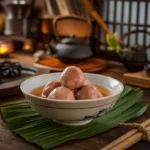 Red bean rice balls served in a white bowl with sweet broth, showcasing an inviting Asian-style dessert