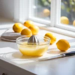 Freshly squeezed lemon juice with whole lemons on a kitchen counter.