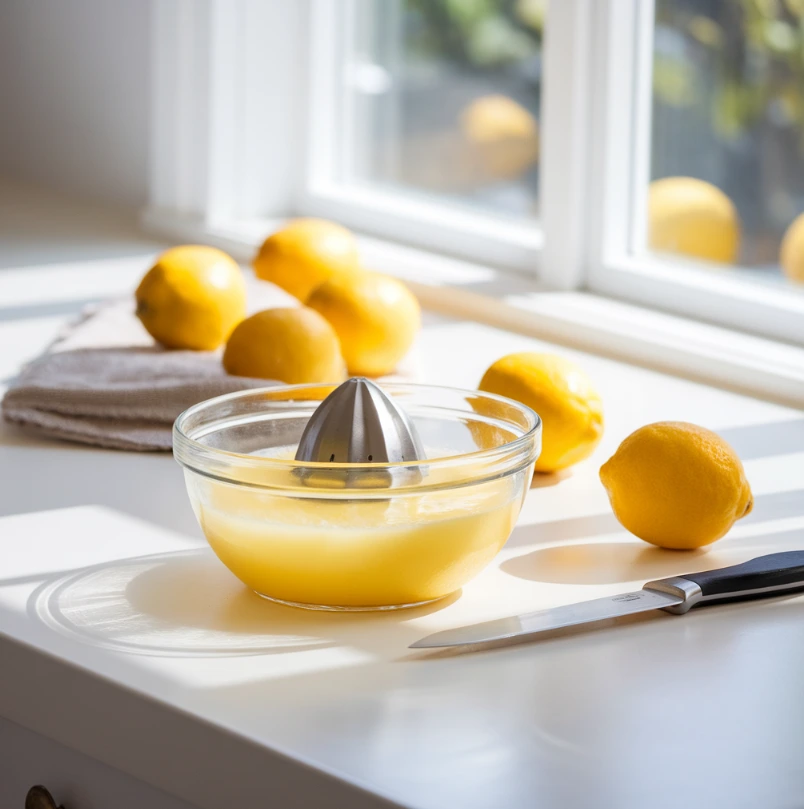 Freshly squeezed lemon juice with whole lemons on a kitchen counter.