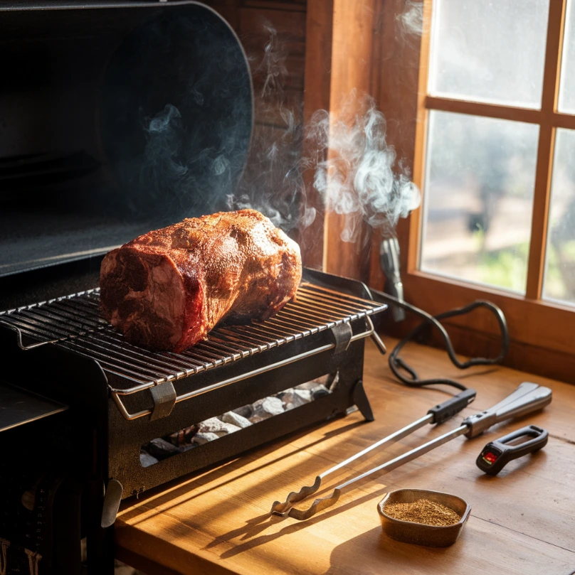 Chuck roast smoking on a grill in a rustic kitchen setting.