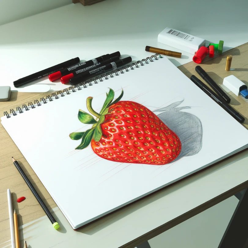 A beautifully illustrated strawberry with vibrant red and green tones on a sketch pad.