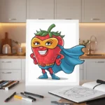 Whimsical superhero strawberry with cape and mask on a white tabletop.