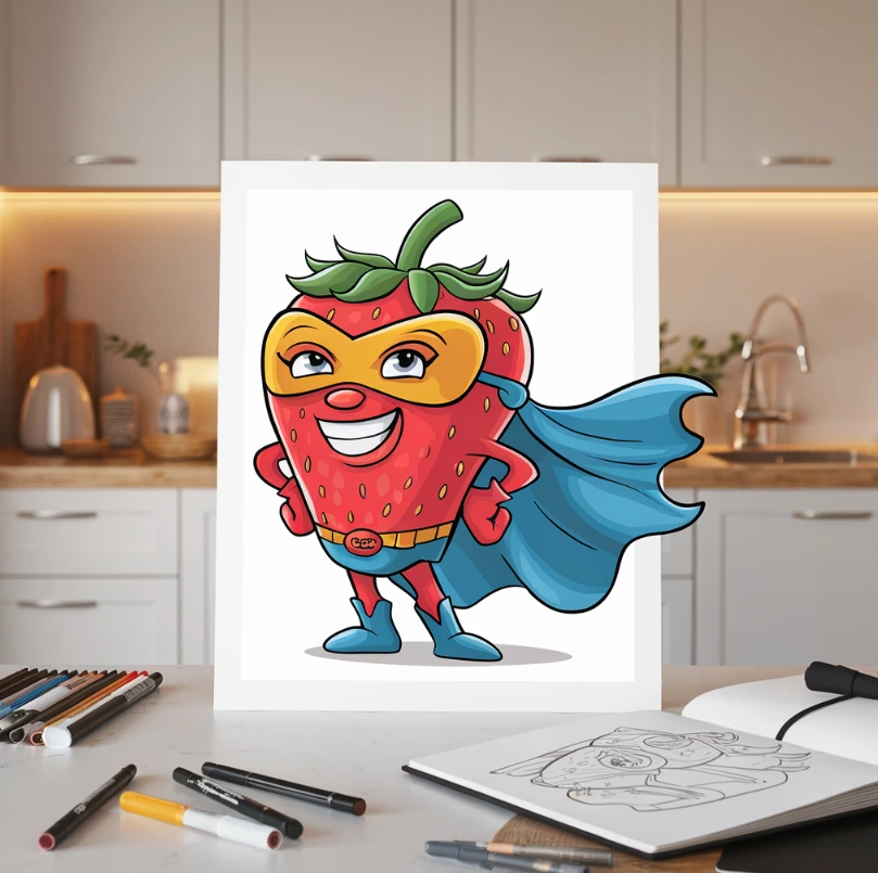 Whimsical superhero strawberry with cape and mask on a white tabletop.