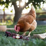 Chicken eating grapes in a backyard setting.