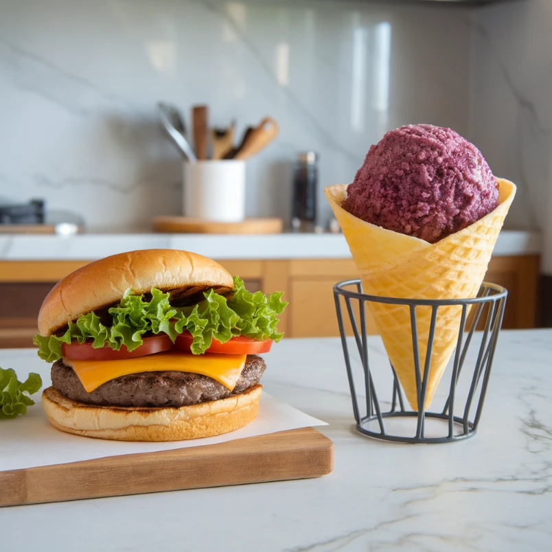 Grilled burger with fresh toppings next to a grape snow cone on a modern kitchen counter.