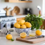 Fresh lemons and a glass container of juice on a kitchen counter.