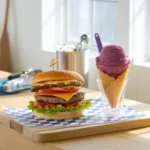 Juicy burger with a grape snow cone on a summer-themed kitchen counter.