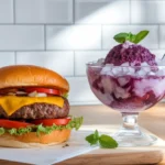 A burger and grape snow cone on a wooden cutting board in a modern rustic kitchen.