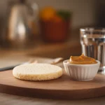 Plain rice cake on a wooden board in a kitchen with peanut butter and water.