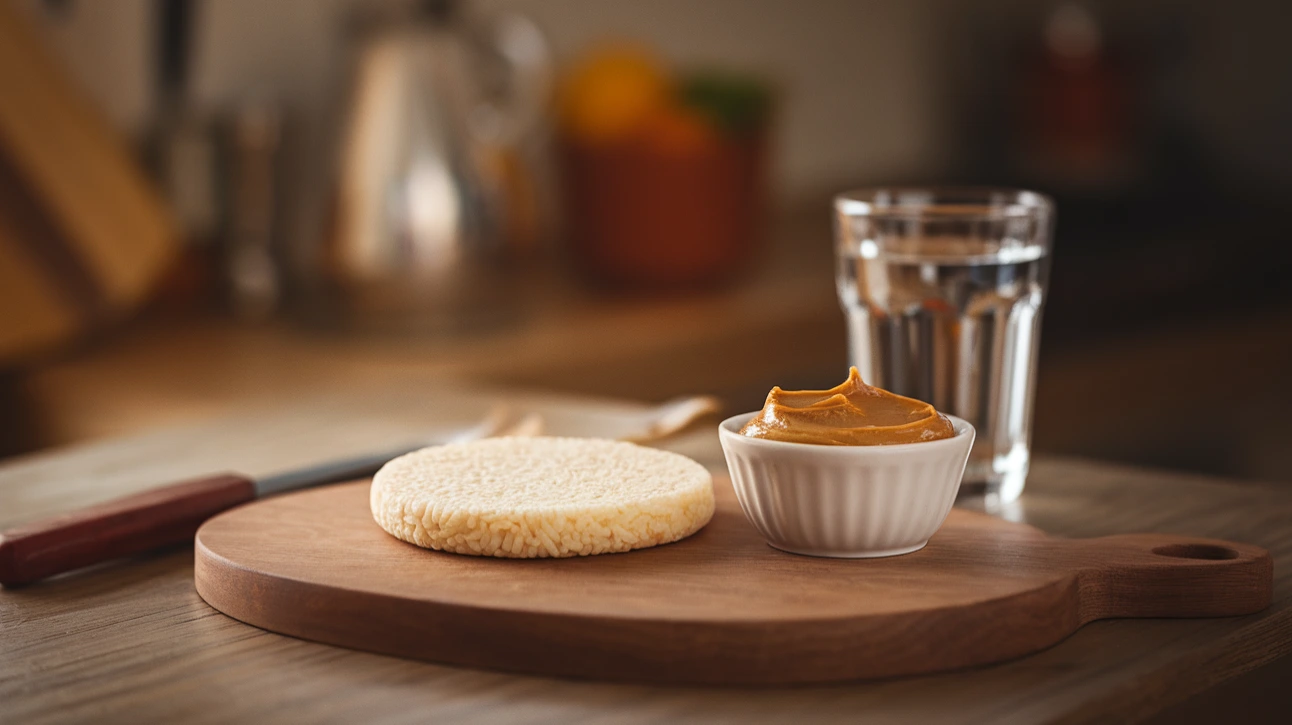 Plain rice cake on a wooden board in a kitchen with peanut butter and water.