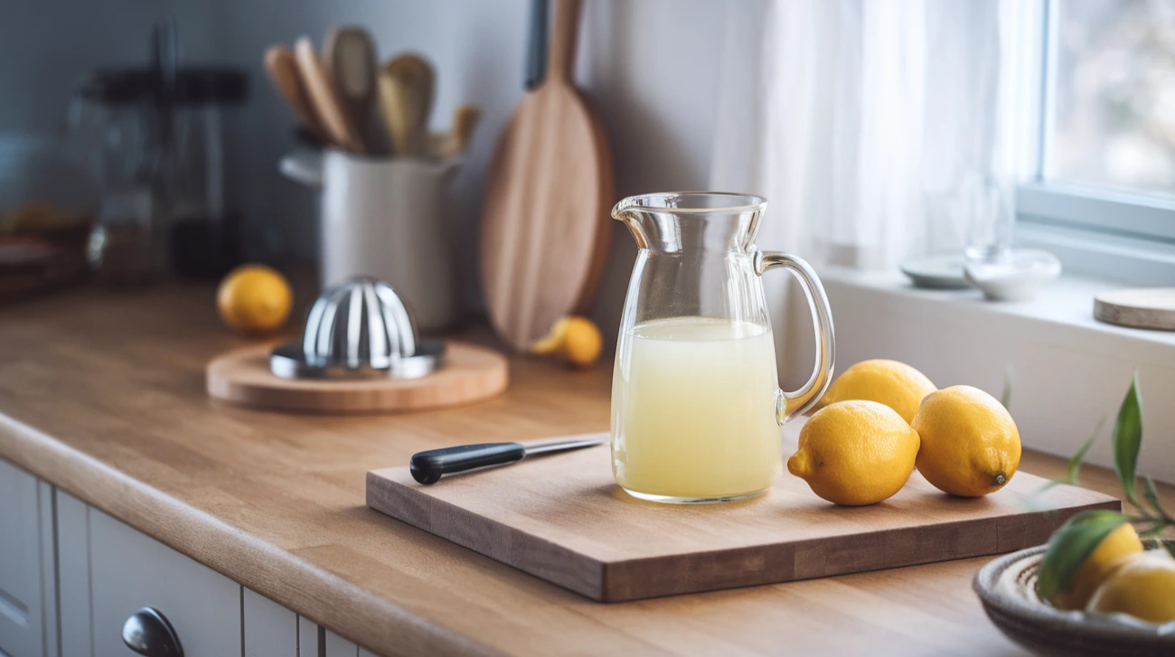 A pitcher of fresh lemon juice with lemons on a wooden kitchen countertop.