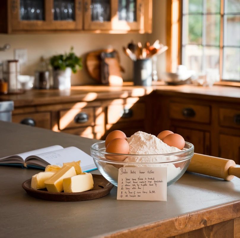 Rustic kitchen with farmhouse-style decor and fresh ingredients for cooking.