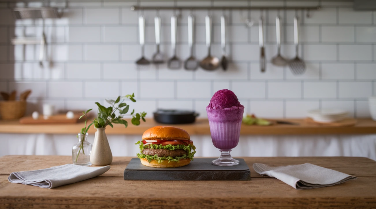 Burger and grape snow cone in a cozy kitchen setting.