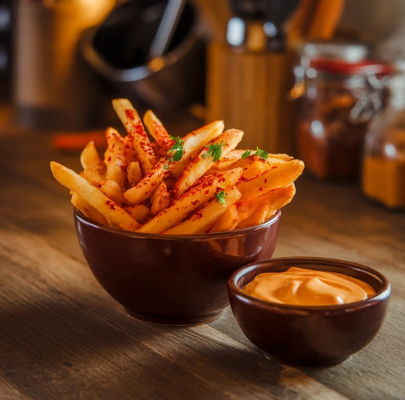 A bowl of hot fries with chili seasoning and cheese dip in a modern kitchen.