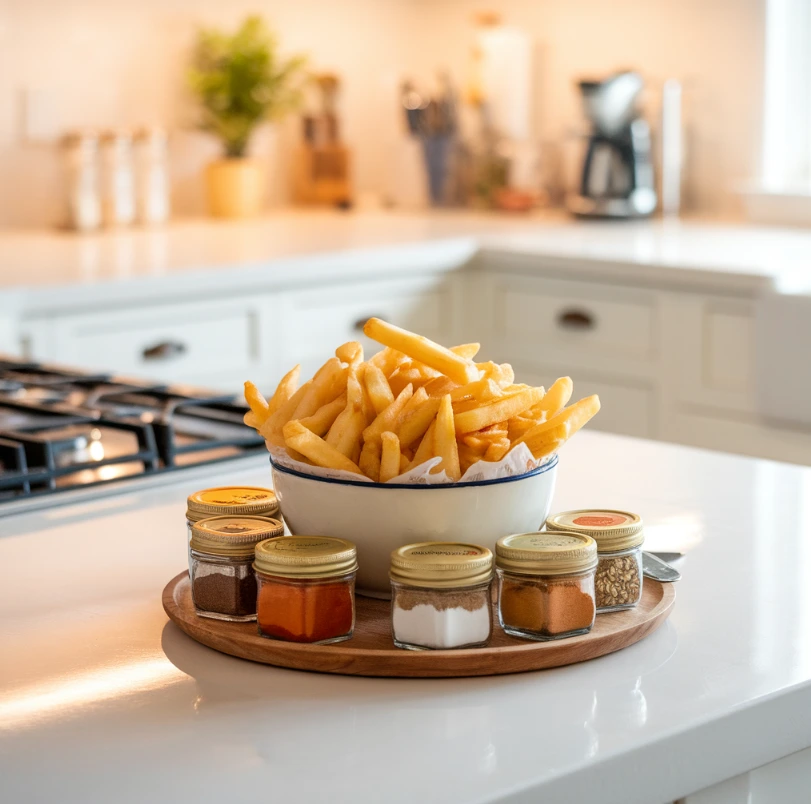 Golden, crispy hot fries with spices on a modern kitchen counter