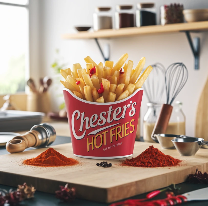 Bowl of Chester's Hot Fries with spices and kitchen tools on a wooden countertop