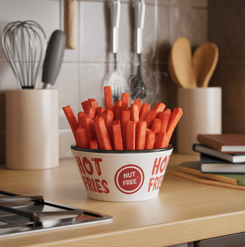 Bowl of hot fries on a kitchen counter with a nut-free label.